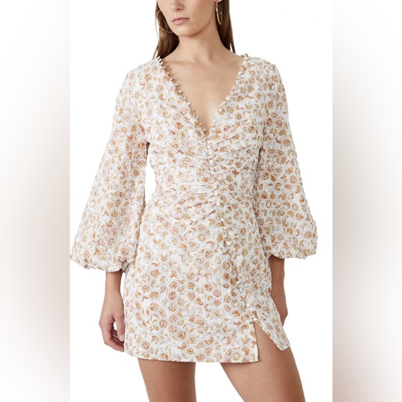BARDOT Printed Broderie Long Sleeve Mini Dress in Tan Paisley - Picture 7 of 13